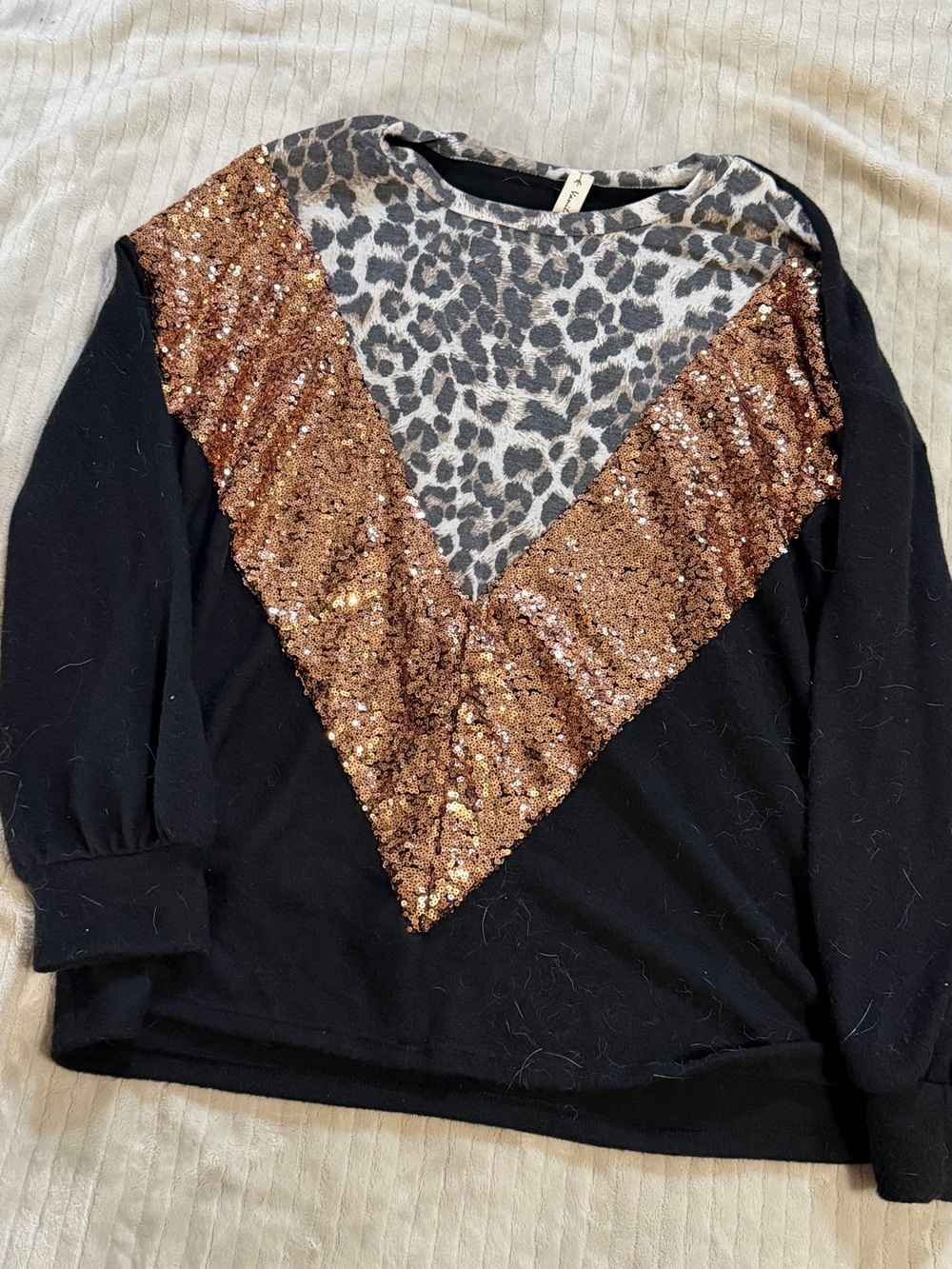 Vanilla Bay Black Sweater with Copper Sequin V and Gray Leopard Panel